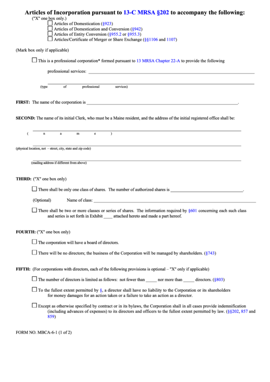 Fillable Form Mbca-6-1 - Articles Of Incorporation Pursuant To 13-C Mrsa 202 To Accompany Articles Of Domestication/articles Of Domestication And Conversion/articles Of Entity Conversion/articles/certificate Of Merger Or Share Exchange Printable pdf