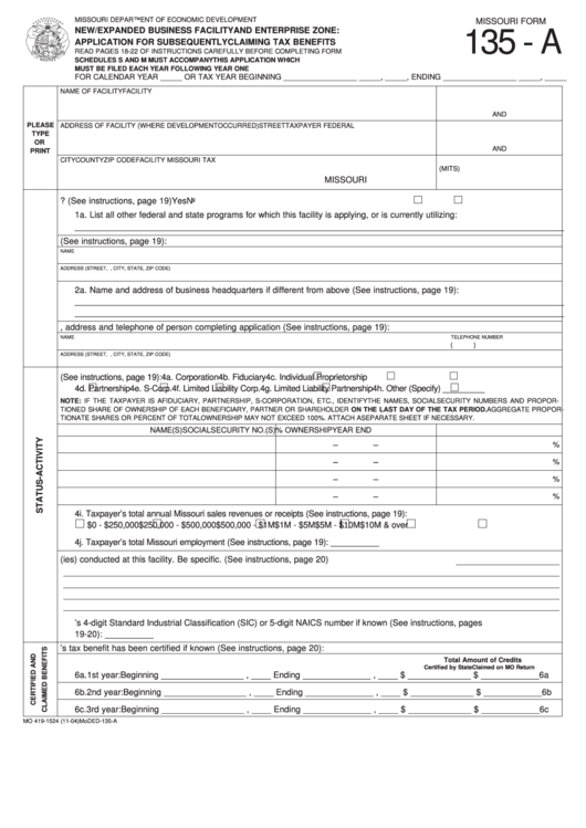 Form 135 - A New/expanded Business Facility And Enterprise Zone: Application For Subsequently Claiming Tax Benefits Printable pdf