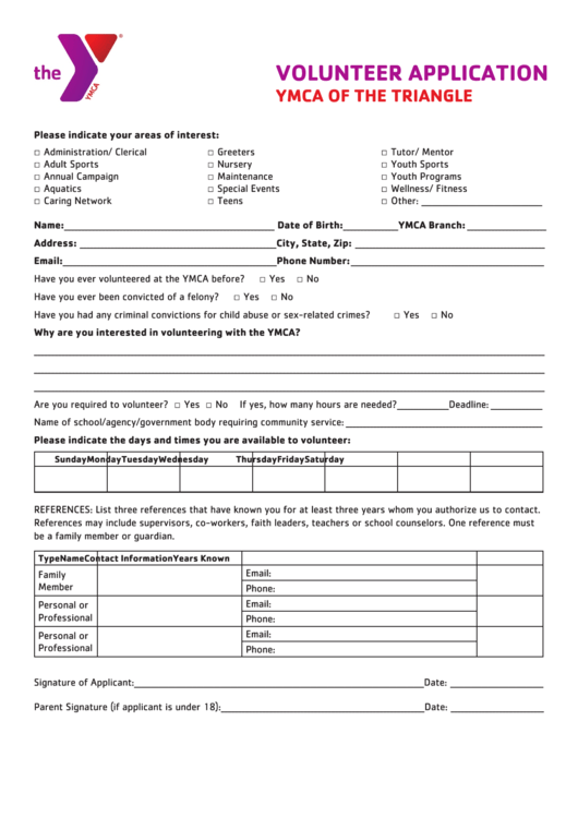 Fillable Volunteer Application Form - Ymca Of The Triangle Printable pdf
