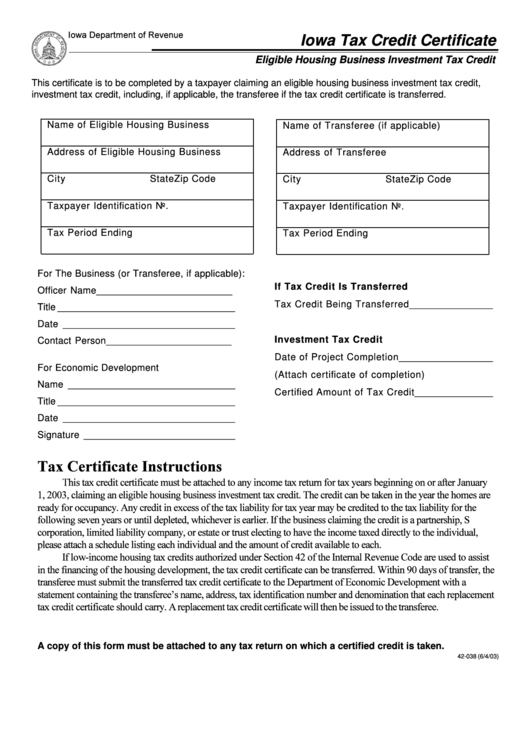 42-038-iowa-tax-credit-certificate-form-printable-pdf-download