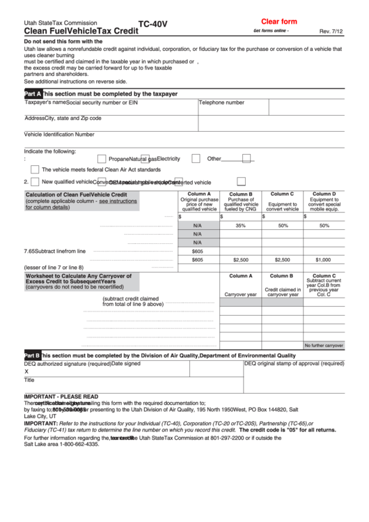 Form Tc-40v Clean Fuel Vehicle Tax Credit Printable pdf