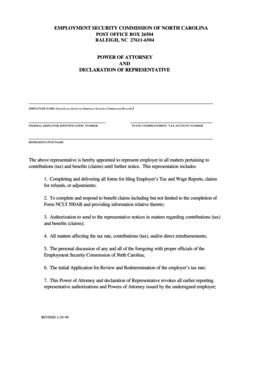 Power Of Attorney And Declaration Of Representative Form - Employment Security Commission Of North Carolina Printable pdf