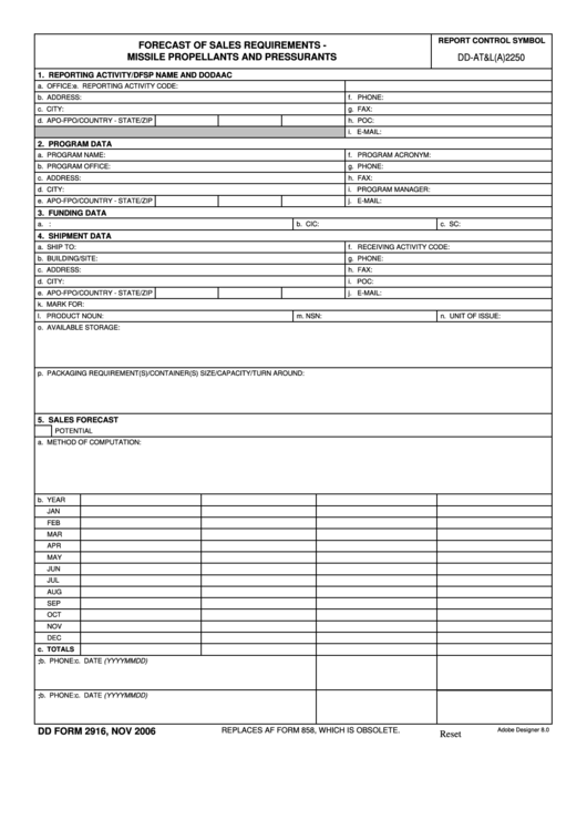 Fillable Dd Form 2916 - Forecast Of Sales Requirements - 2006 Printable pdf