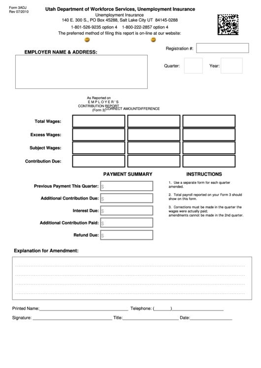 Form 3adj - Unemployment Insurance Printable pdf