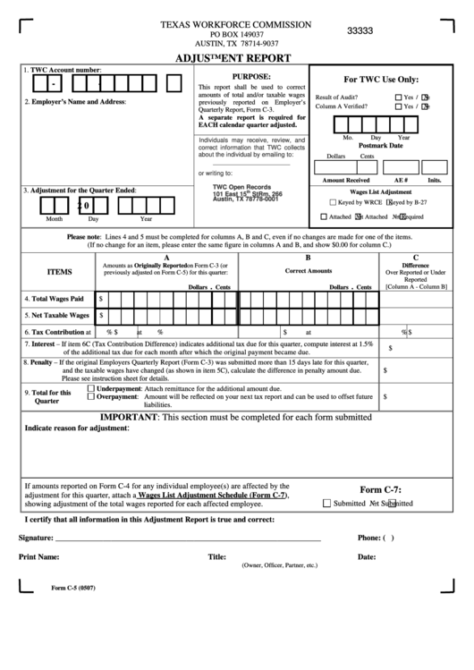 Fillable Form C-5 - Adjustment Report Printable pdf