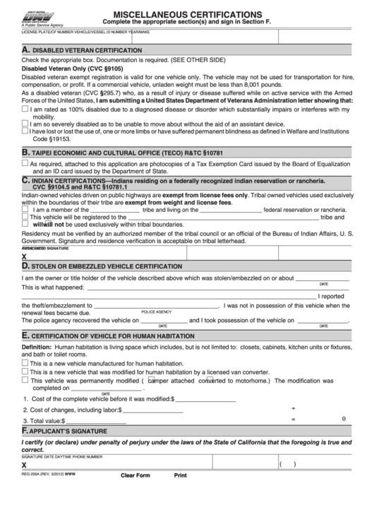 Fillable Form Reg 256a - Miscellaneous Certifications Printable pdf