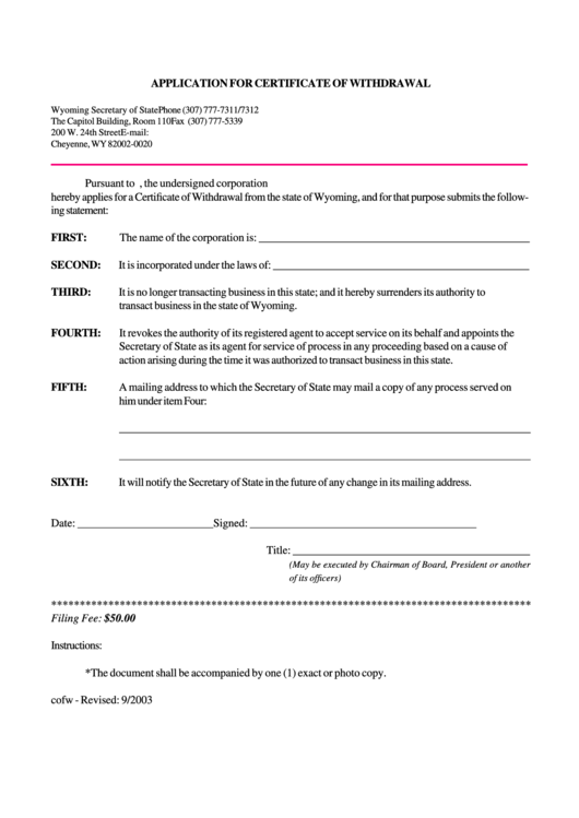 Application For Certificate Of Withdrawal Form - Wyoming Secretary Of ...