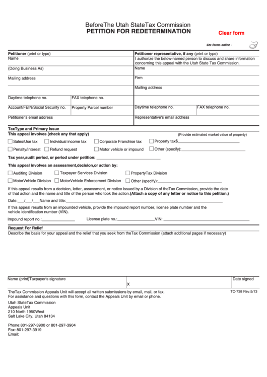 Fillable Form Tc-738 Petition For Redetermination Printable pdf