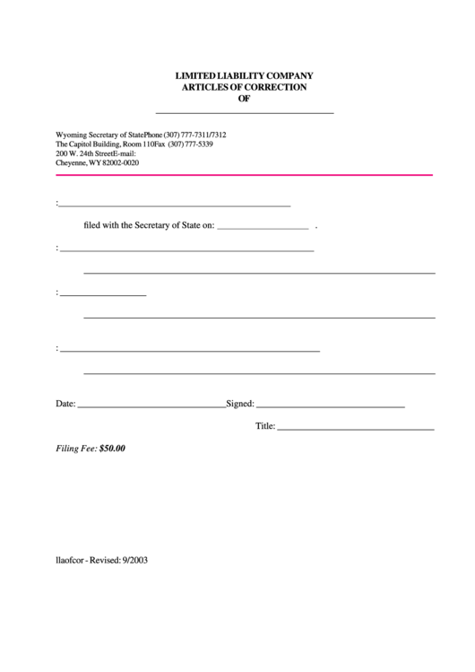 Fillable Limited Liability Company Articles Of Correction Form 2003 Printable pdf