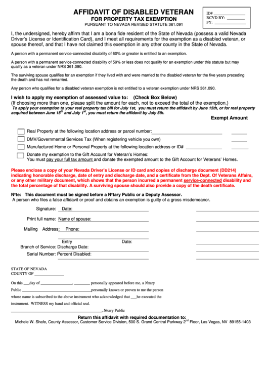 Affidavit Of Disabled Veteran Form Printable pdf