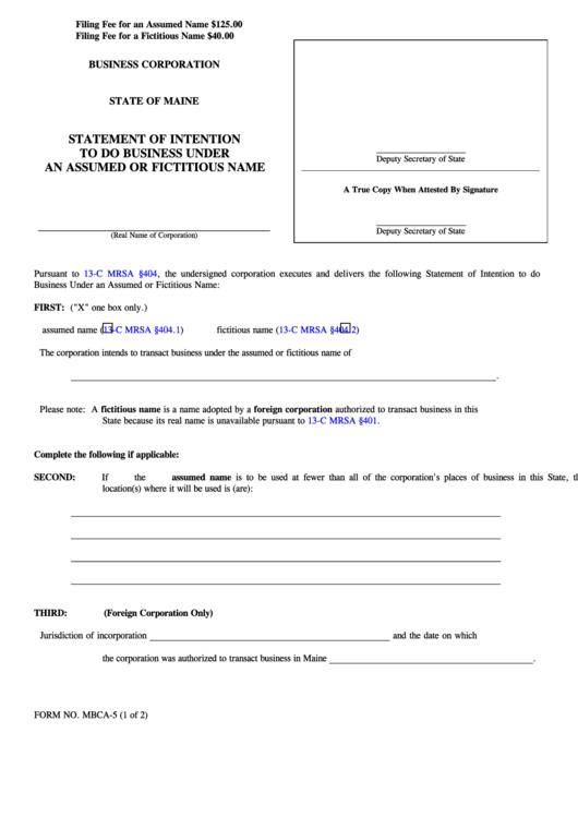Fillable Form Mbca-5 - Business Corporation Statement Of Intention To Do Business Under An Assumed Or Fictitious Name - 2004 Printable pdf