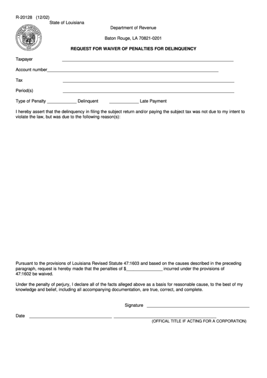 Fillable Form R-20128 - Request For Waiver Of Penalties For Delinquency Printable pdf