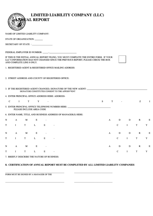 Limited Liability Company (Llc) Annual Report Form - North Carolina Secretary Of State Printable pdf