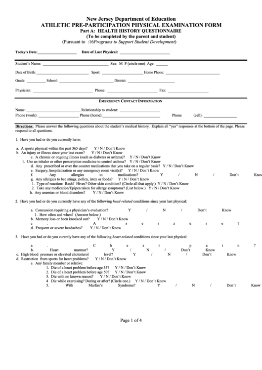 Athletic Pre-Participation Physical Examination Form - New Jersey Department Of Education Printable pdf