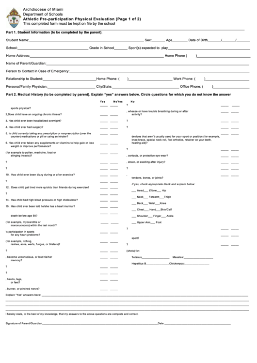 Athletic Pre-Participation Physical Evaluation Form - Archdiocese Of Miami, Department Of Schools Printable pdf