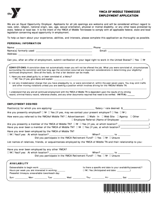 Fillable Ymca Of Middle Tennessee Employment Application Form Printable