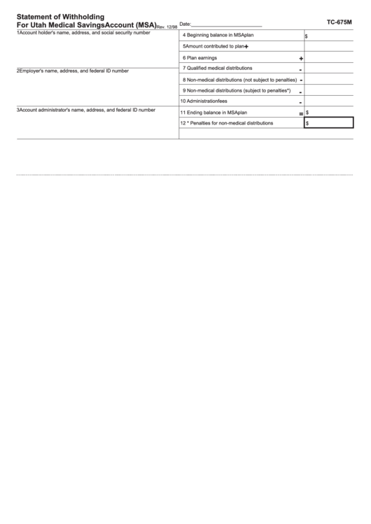 Form Tc-675m - Statement Of Withholding For Utah Medical Savings Account (Msa) Printable pdf