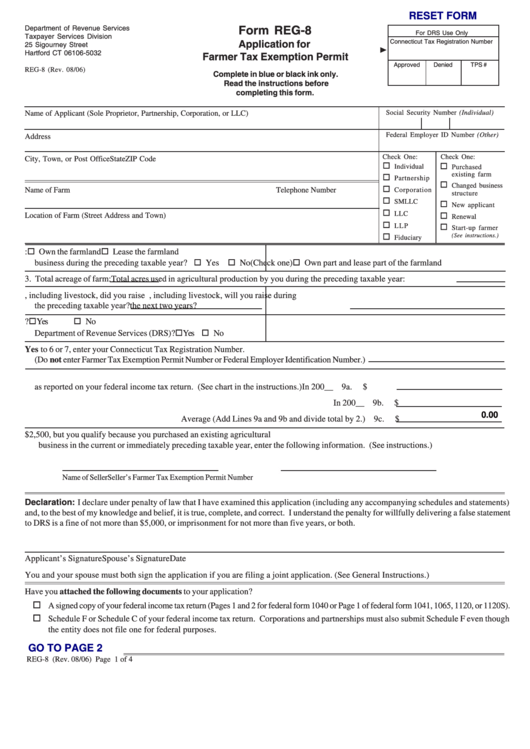 Fillable Form Reg-8 - Application For Farmer Tax Exemption Permit - Connecticut Department Of Revenue Printable pdf