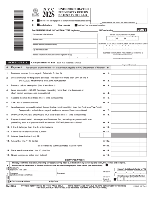 Fillable Form Nyc 202s - Unincorporated Business Tax Return For Individuals - 2007 Printable pdf