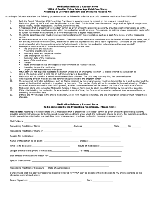 Medication Release Request Form Printable pdf