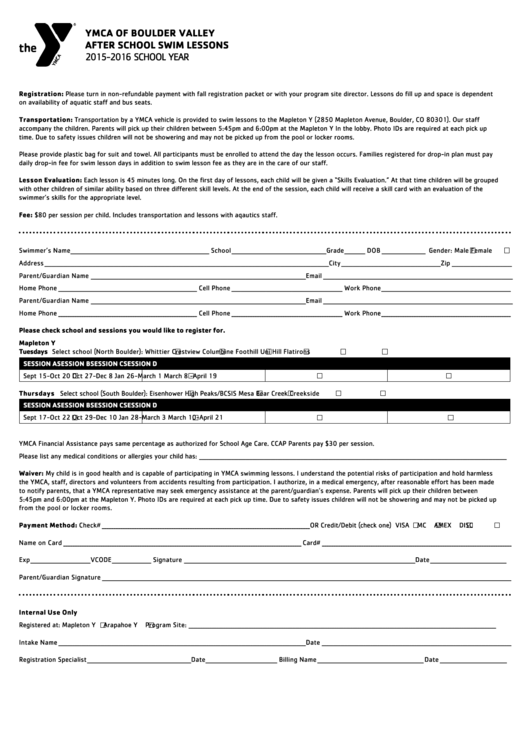 Fillable Swim Lesson Registration Form - 2015/2016 Printable pdf