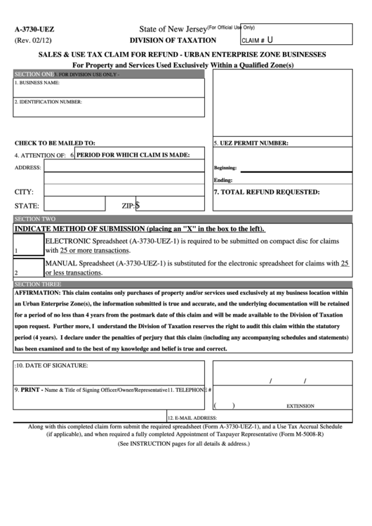 Fillable Form A-3730-Uez - Sales & Use Tax Claim For Refund - Urban Enterprise Zone Businesses - New Jersey Division Of Taxation Printable pdf