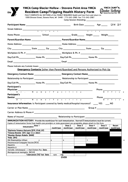 Resident Camp/tripping Health History Form