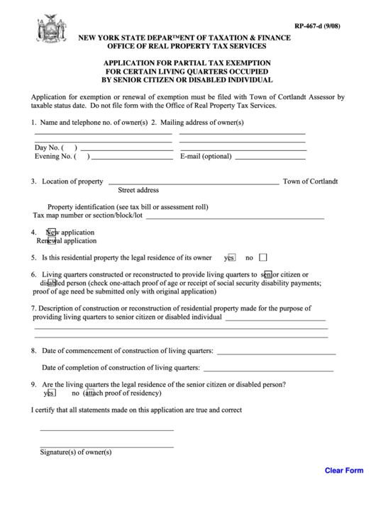 Fillable Form Rp-467-D - Application Form For Partial Tax Exemption For Certain Living Quarters Occupied By Senior Citizen Or Disabled Individual Printable pdf