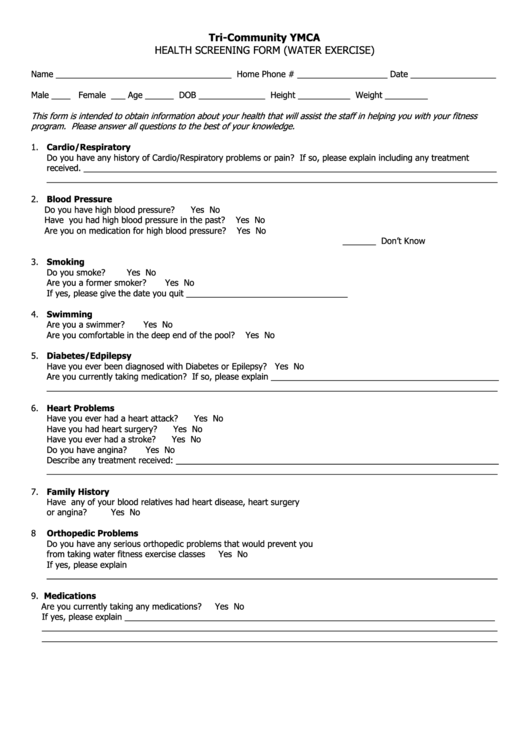 Health Screening Form Printable pdf