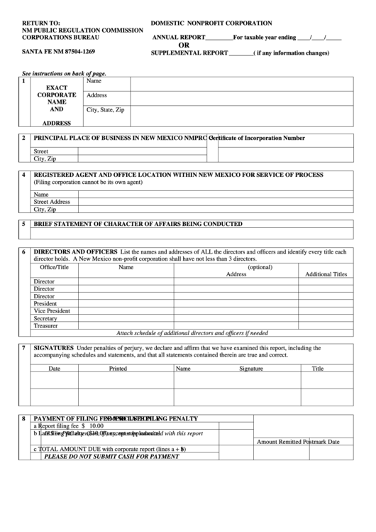 Domestic Nonprofit Corporation Annual Or Supplemental Report Form - Nm Public Regulation Commission Printable pdf