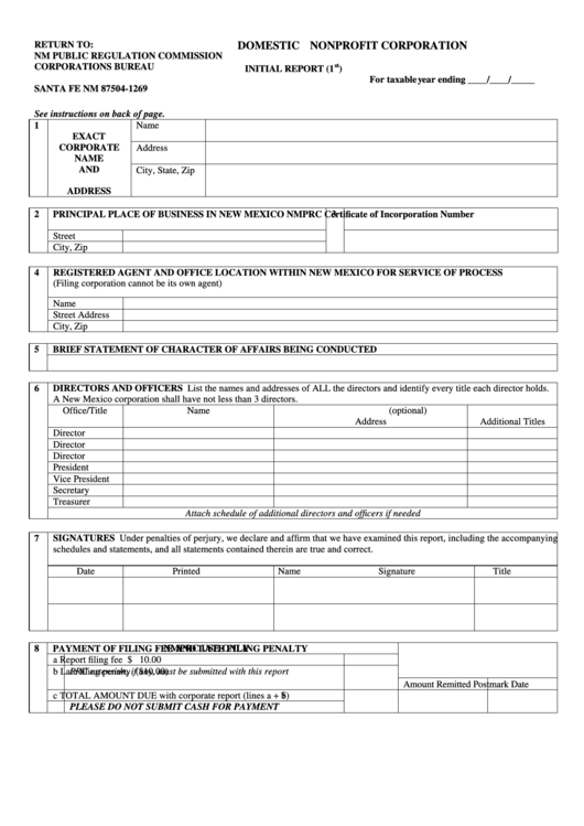 Domestic Nonprofit Corporation Initial Report Form - Nm Public Regulation Commission Printable pdf