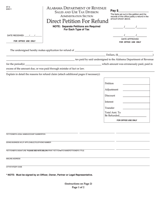 Fillable Form St-5 - Direct Petition For Refund 2011 Printable pdf