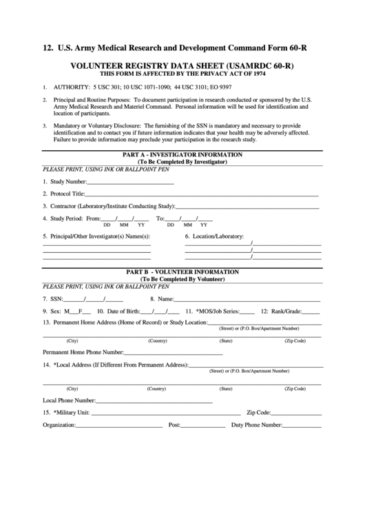 Fillable Form 60-R - Usamrdc Volunteer Registry Data Shee Printable pdf