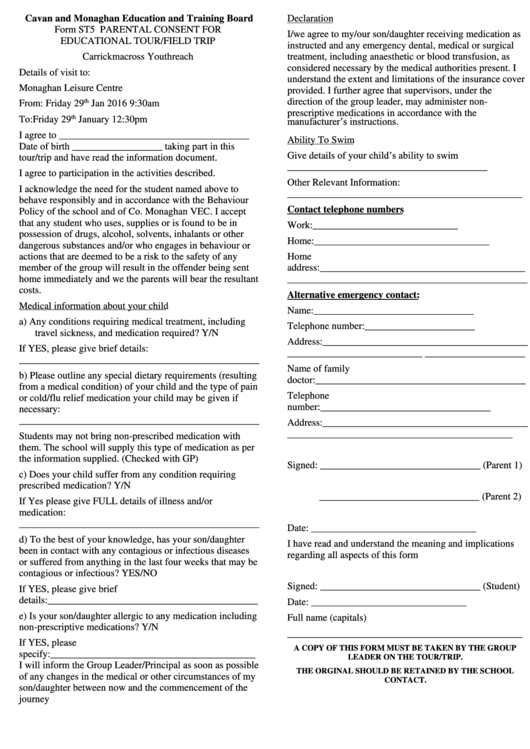 Parental Consent For Educational Tour/field Trip Form Printable pdf
