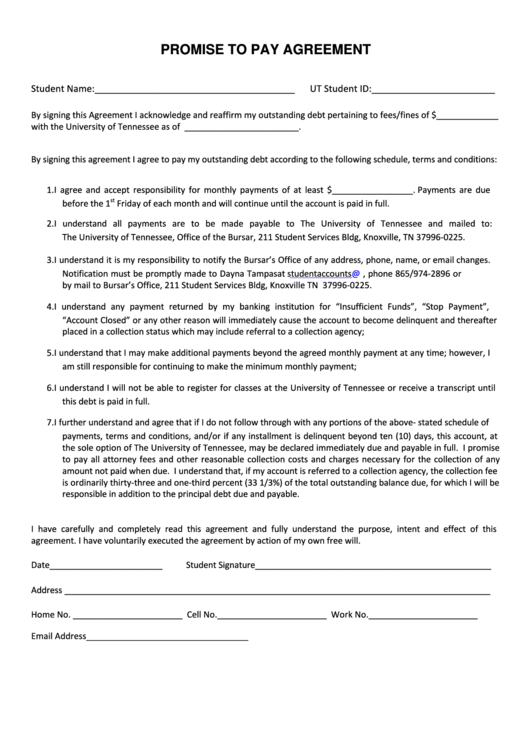 Fillable Promise To Pay Agreement Template printable pdf download
