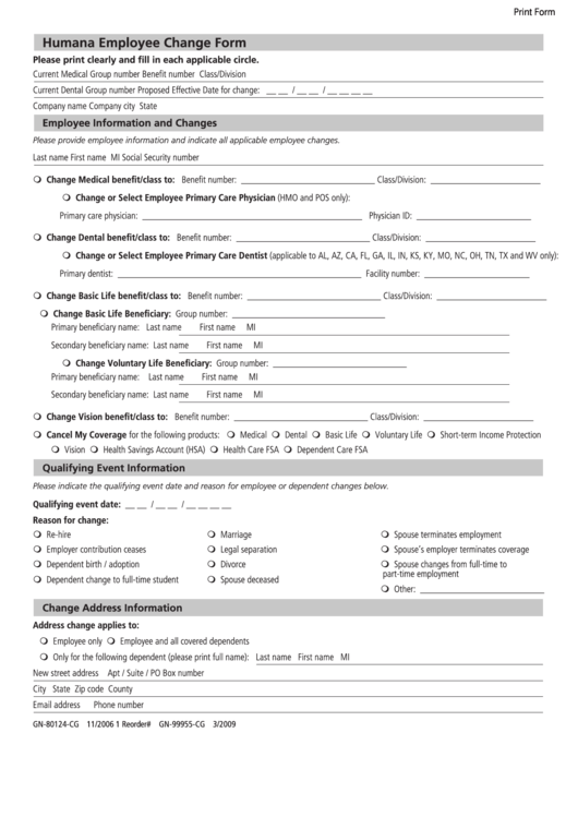 Fillable Humana Employee Change Form Printable pdf