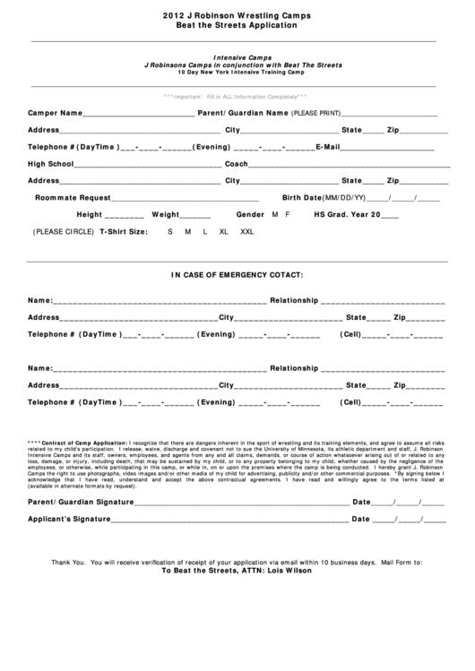 Beat The Streets Application Form - J Robinson Wrestling Camps