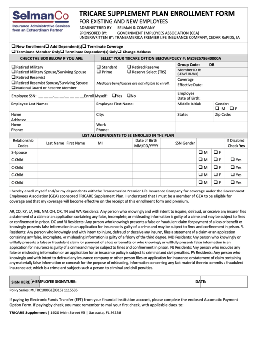 Tricare Supplement Plan Enrollment Form For Existing And New Employees Printable pdf