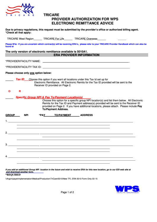 Tricare Provider Authorization For Wps Electronic Remittance Advice Form Printable pdf