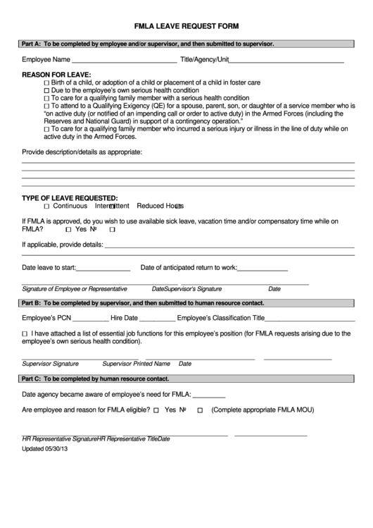 Fillable Fmla Leave Request Form Printable pdf