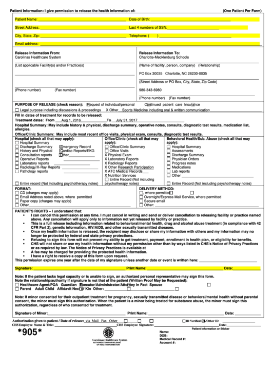 Authorization For Release Of Health Information Form Printable pdf