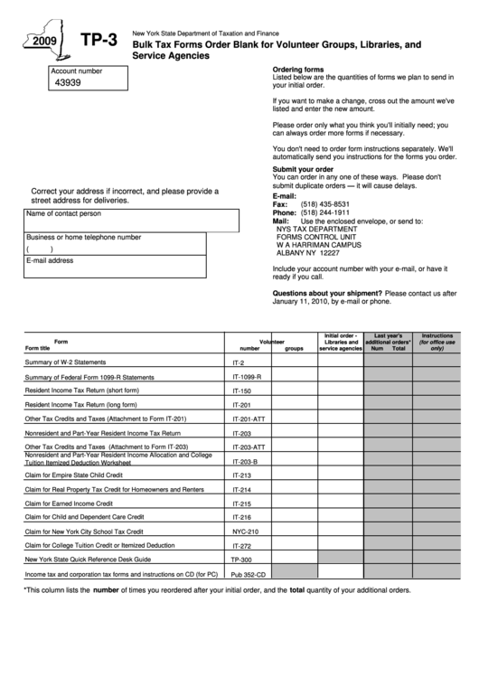 Fillable Form Tp-3 - Bulk Tax Forms Order Blank For Volunteer Groups, Libraries, And Service Agencies (2009) Printable pdf