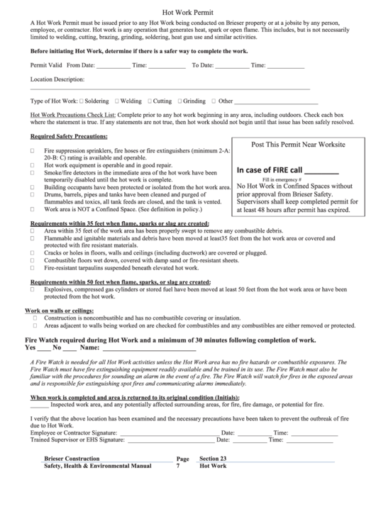 Hot Work Permit Form Printable pdf