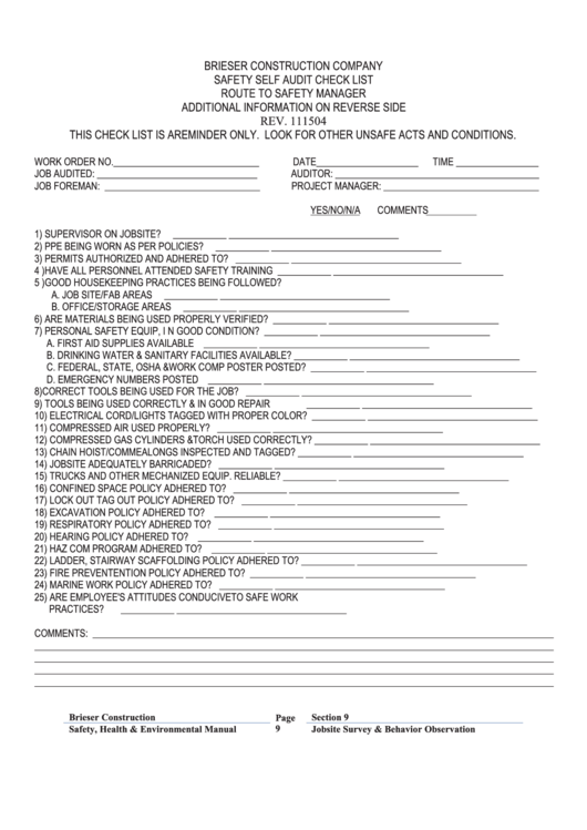 Safety Self Audit Check List Form printable pdf download