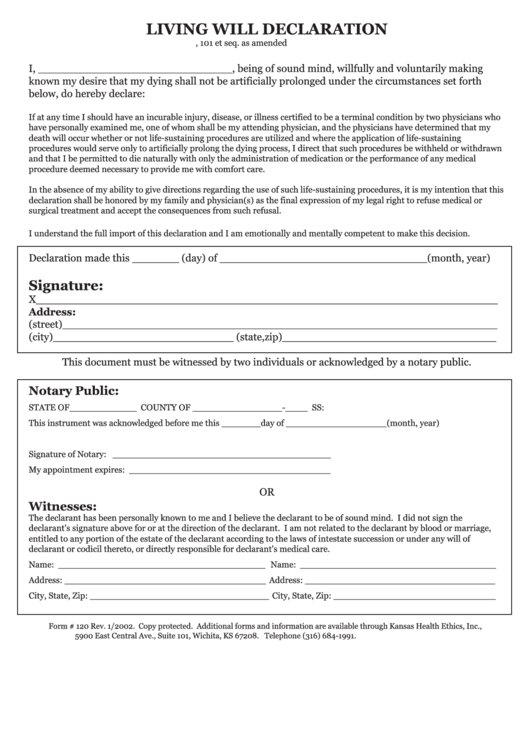 Form 120 - Living Will Declaration Printable pdf
