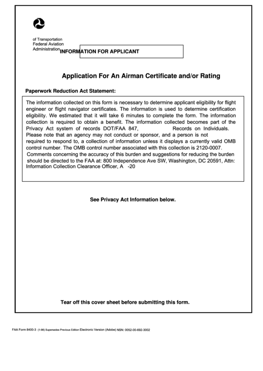 Fillable Faa Form 8400-3 - Application For An Airman Certificate And/or Rating - Faa - 1998 Printable pdf