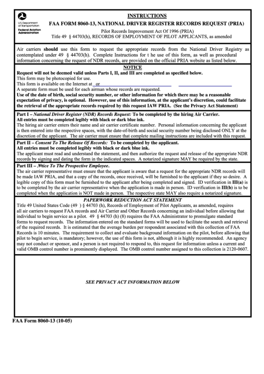 Faa Form 8060-13 - National Driver Register Records Request (Pria) - 2005 Printable pdf