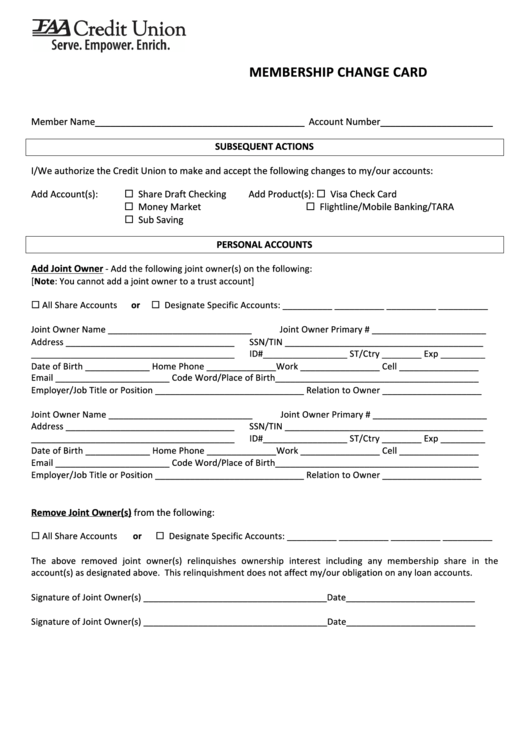 Membership Change Card Form Printable pdf