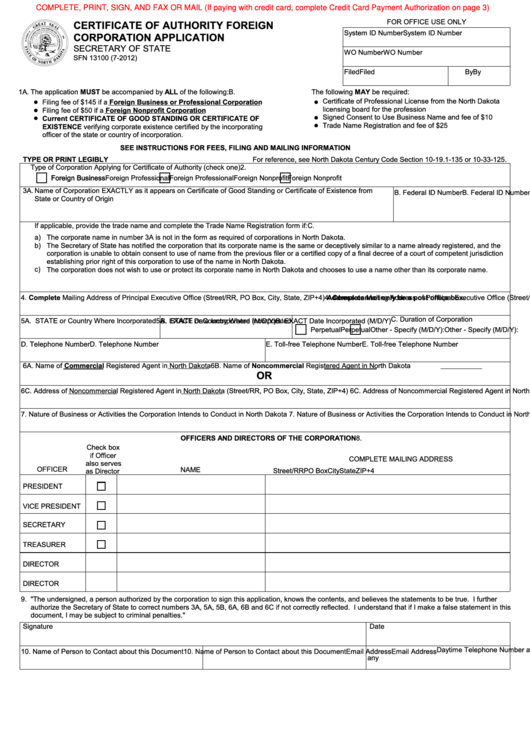 Fillable Certificate Of Authority Foreign Corporation Application Form - North Dakota Secretary Of State Printable pdf