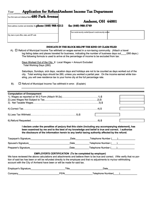 Application For Refund Form Amherst Tax Department printable pdf download